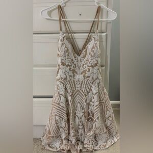 Elegant White and Tan Sequin Dress